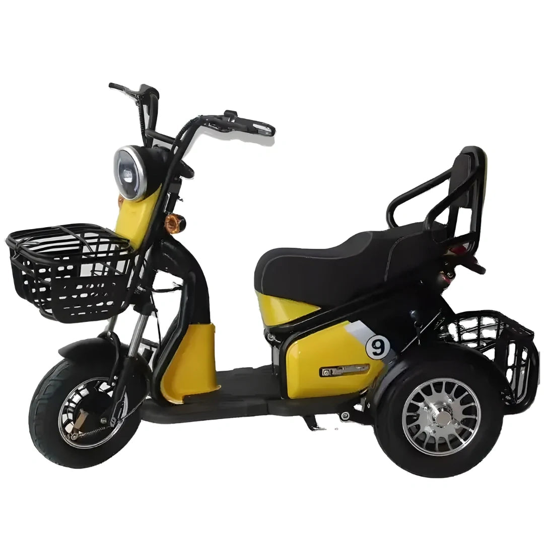 Yellow and black three-wheeled electric scooter with a basket on a white background