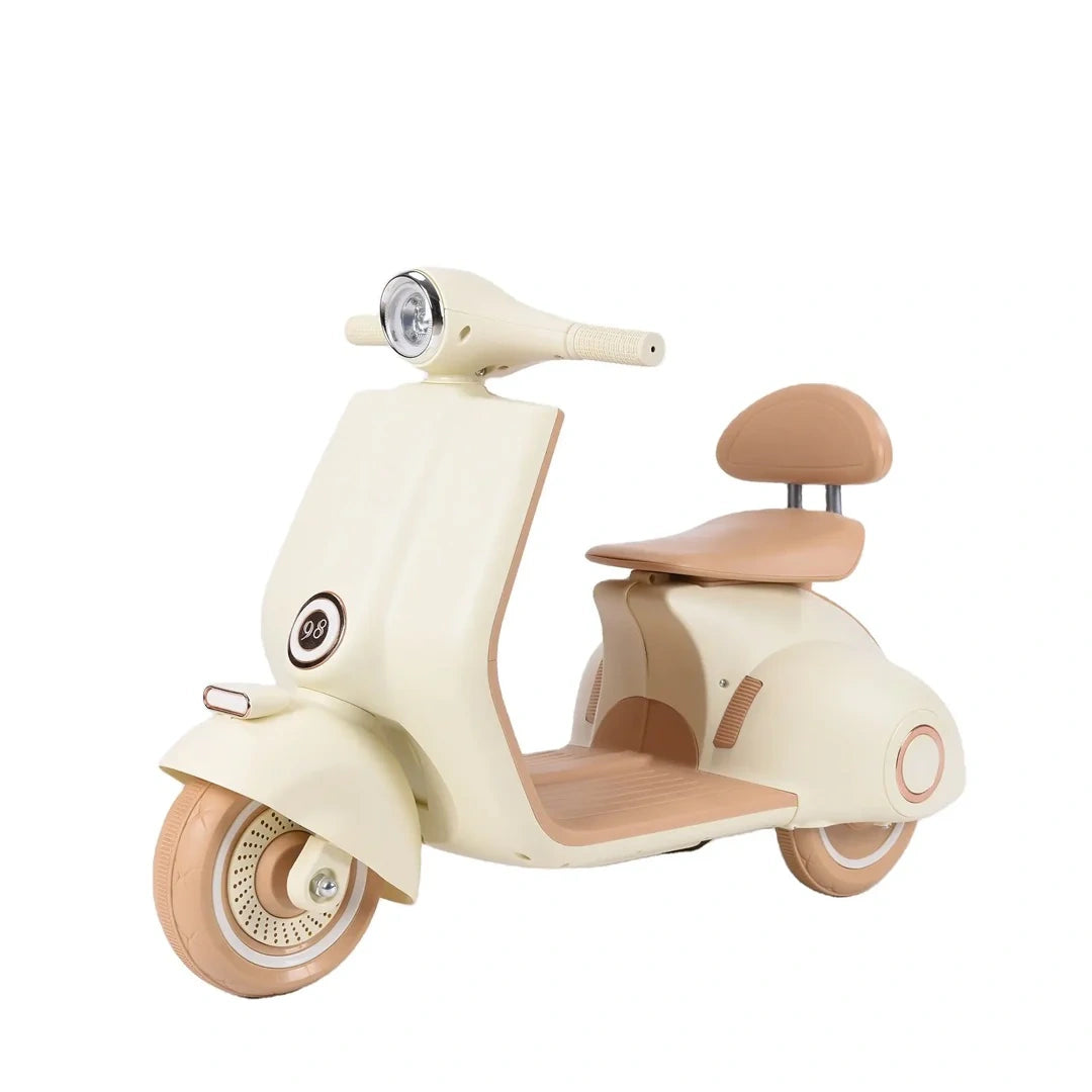 Beige scooter toy with brown seat on a white background