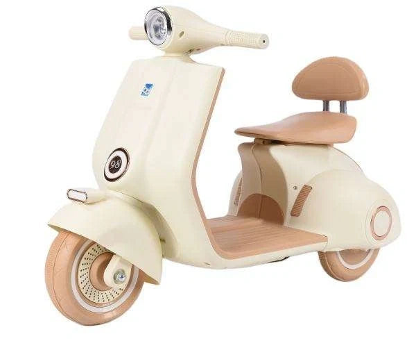 Beige scooter toy with brown seat on a white background