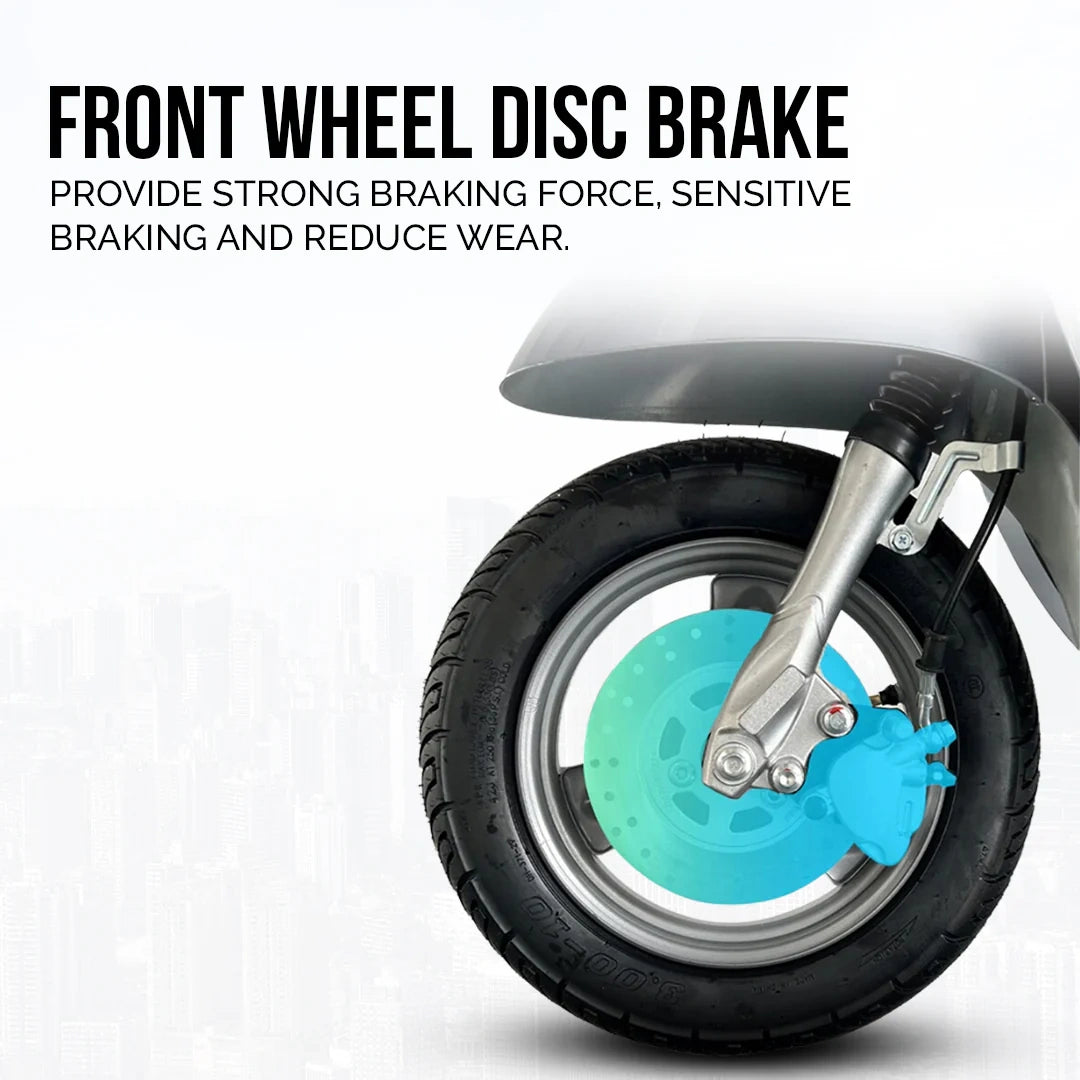 Front wheel disc brake system with text on a white background
