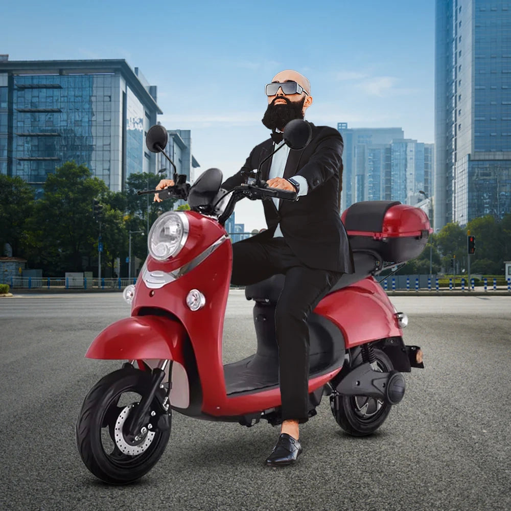 Man in a suit sitting on a red scooter with a cityscape background