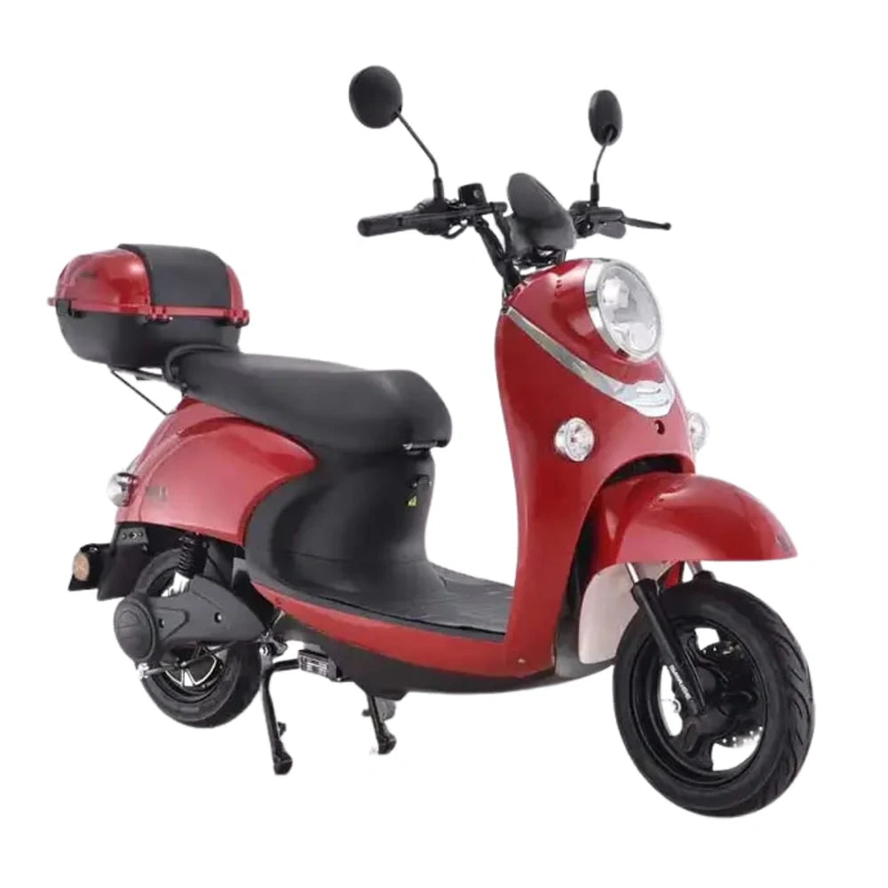Red scooter with black seat on a white background