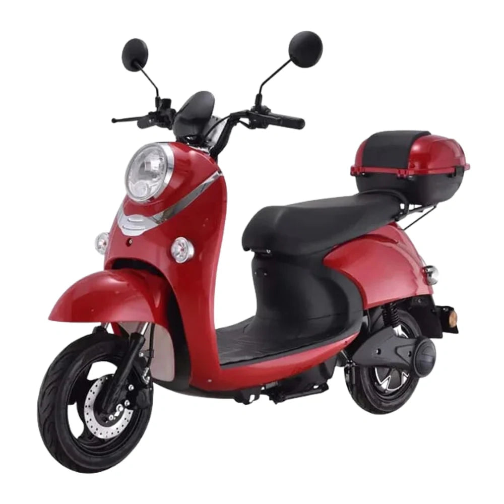 Red scooter with black seat and storage box on a white background