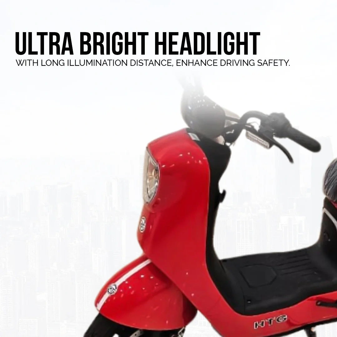 Red scooter with ultra bright headlight feature on a white background