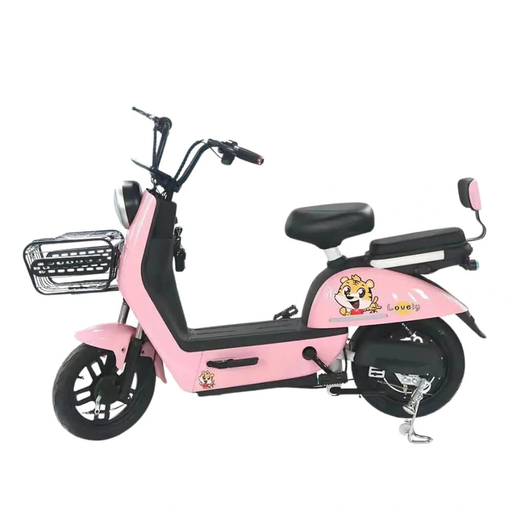 Pink electric scooter with cartoon character on a white background