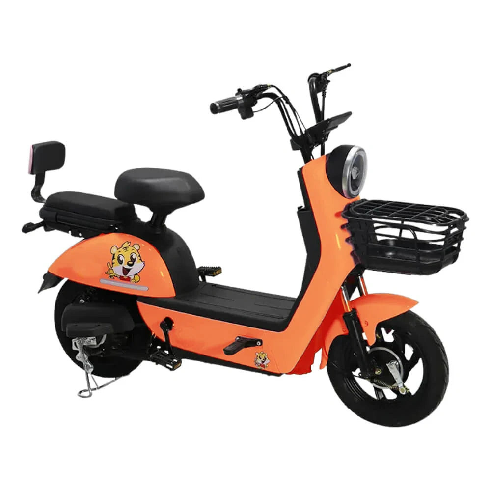 Orange electric scooter with a basket on a white background