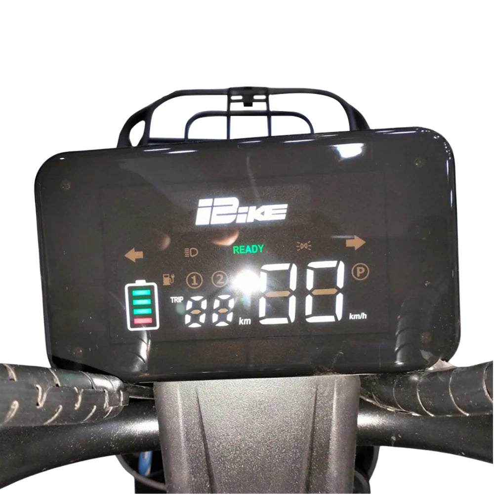 Digital display on a bicycle showing battery level and speed on a white background
