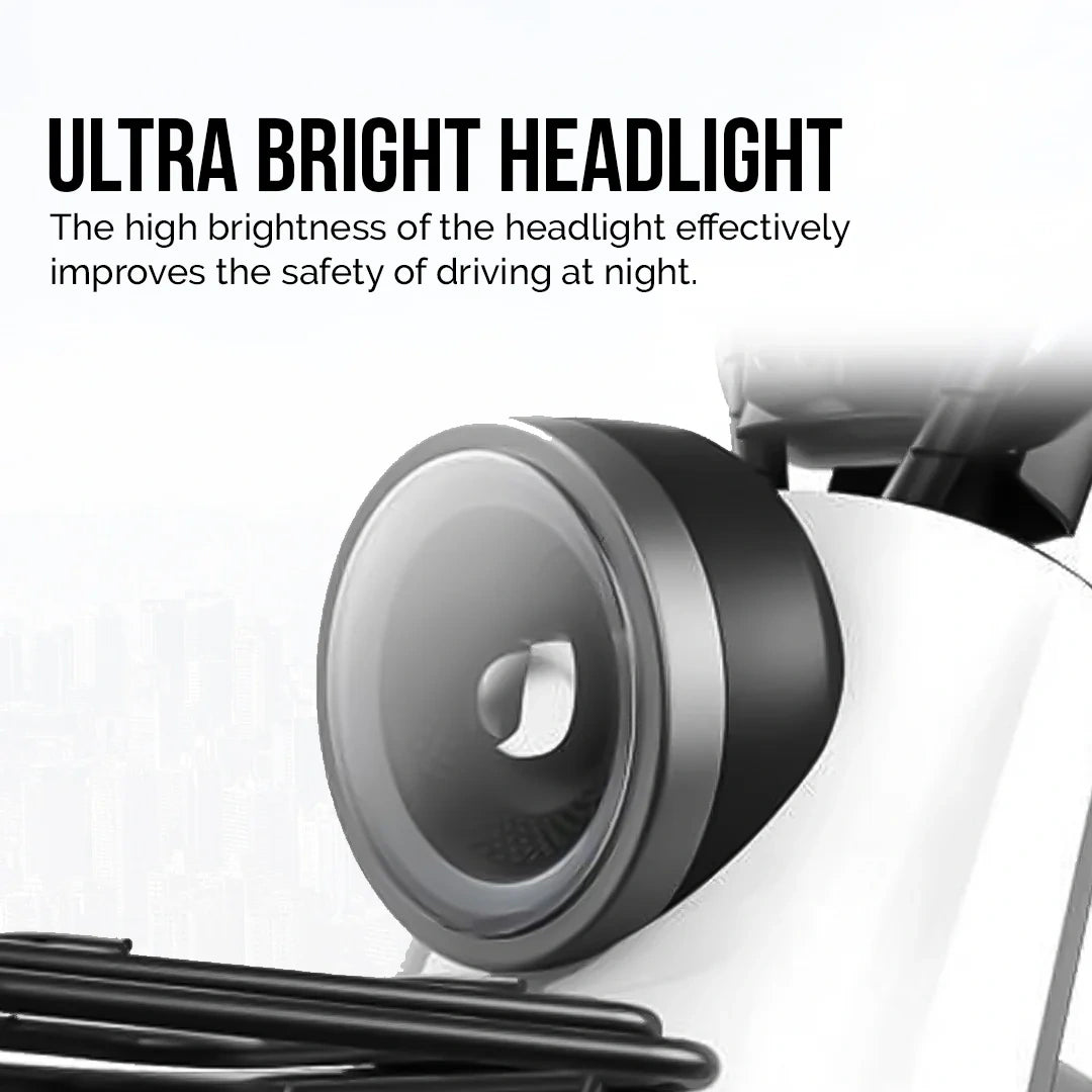 Ultra bright headlight with text highlighting its safety benefits on a white background