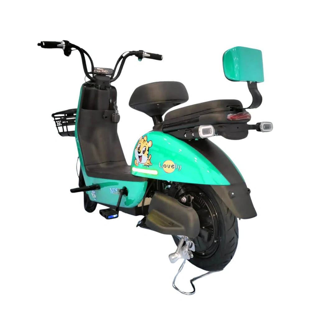 Green electric scooter with a cartoon character logo on a white background