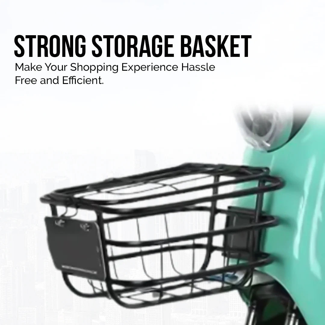 Strong storage basket attached to a scooter with promotional text.