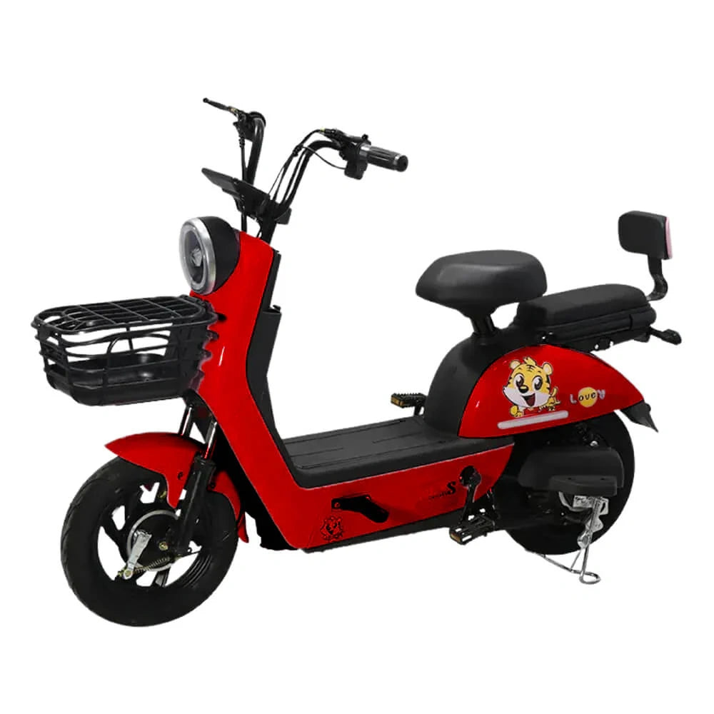 Red electric scooter with a black seat and basket on a white background
