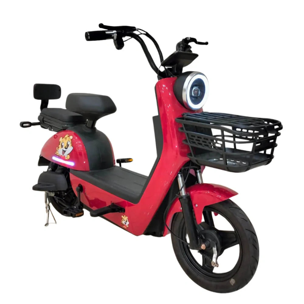 Red electric scooter with black seat and basket on a white background