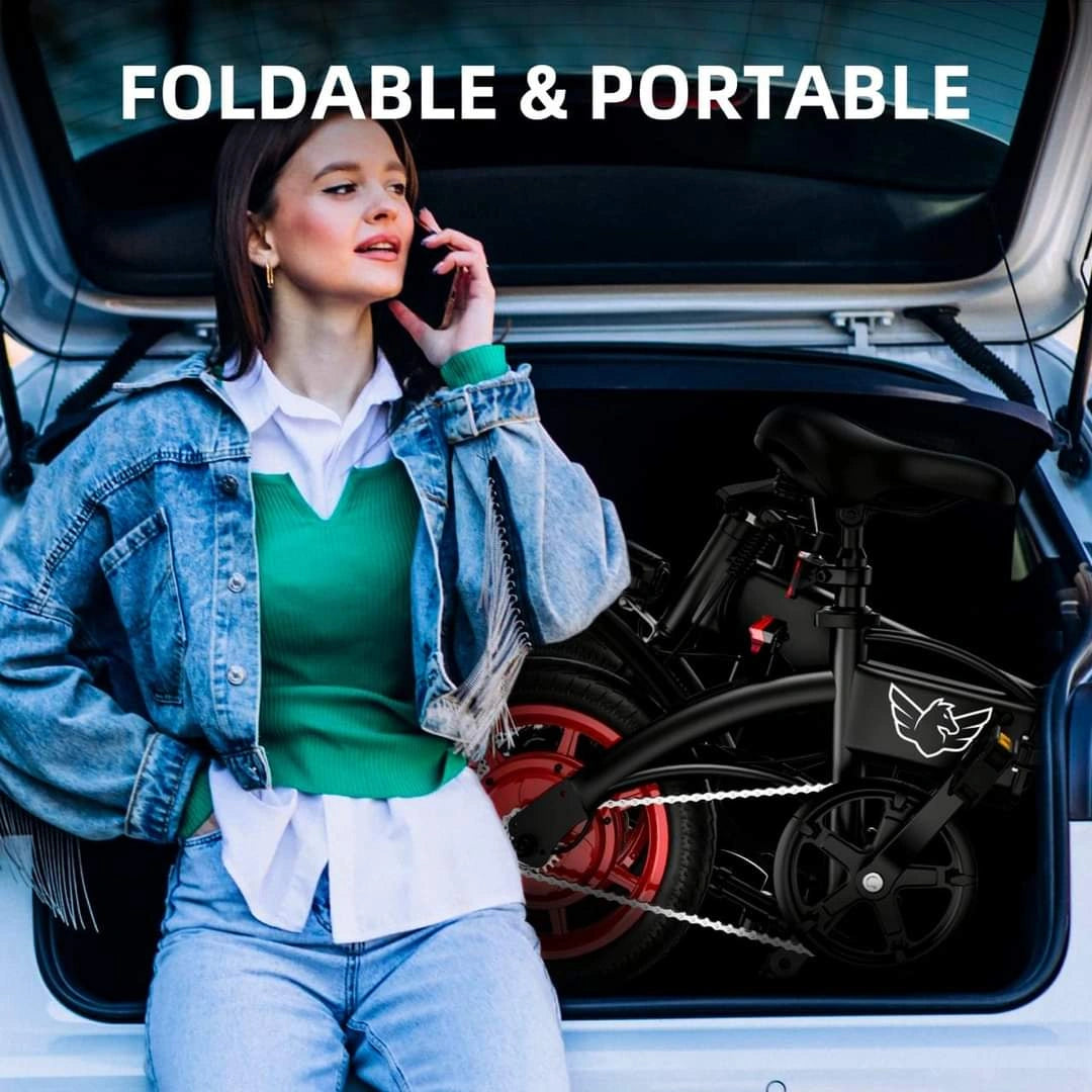 Woman talking on a phone next to a folded bike in the trunk of a car with 'Foldable & Portable' text above.