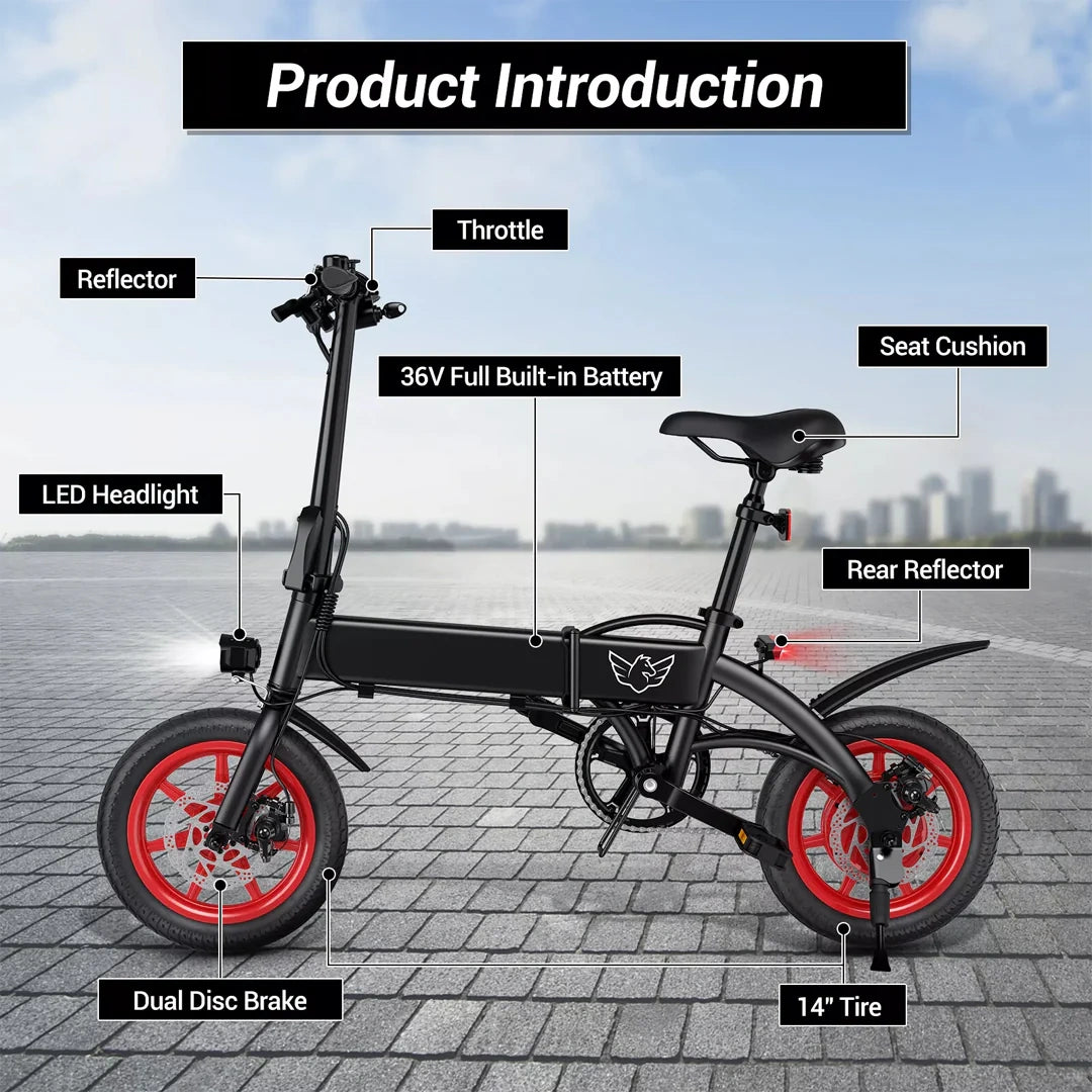 Electric bike with labeled features on a cityscape background