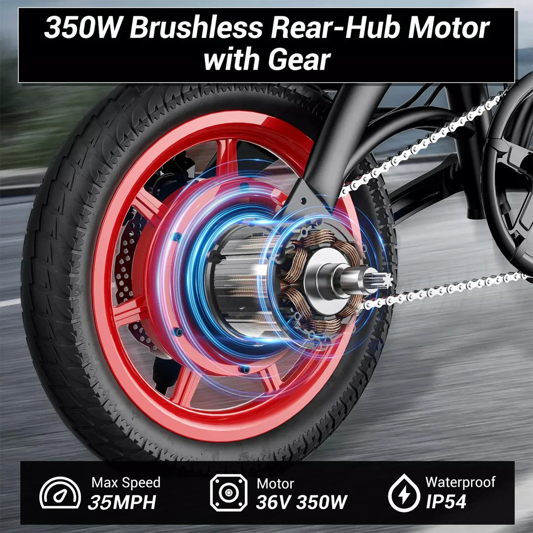 Close-up of a bicycle wheel with a brushless rear-hub motor and gear, on a blurred road background.