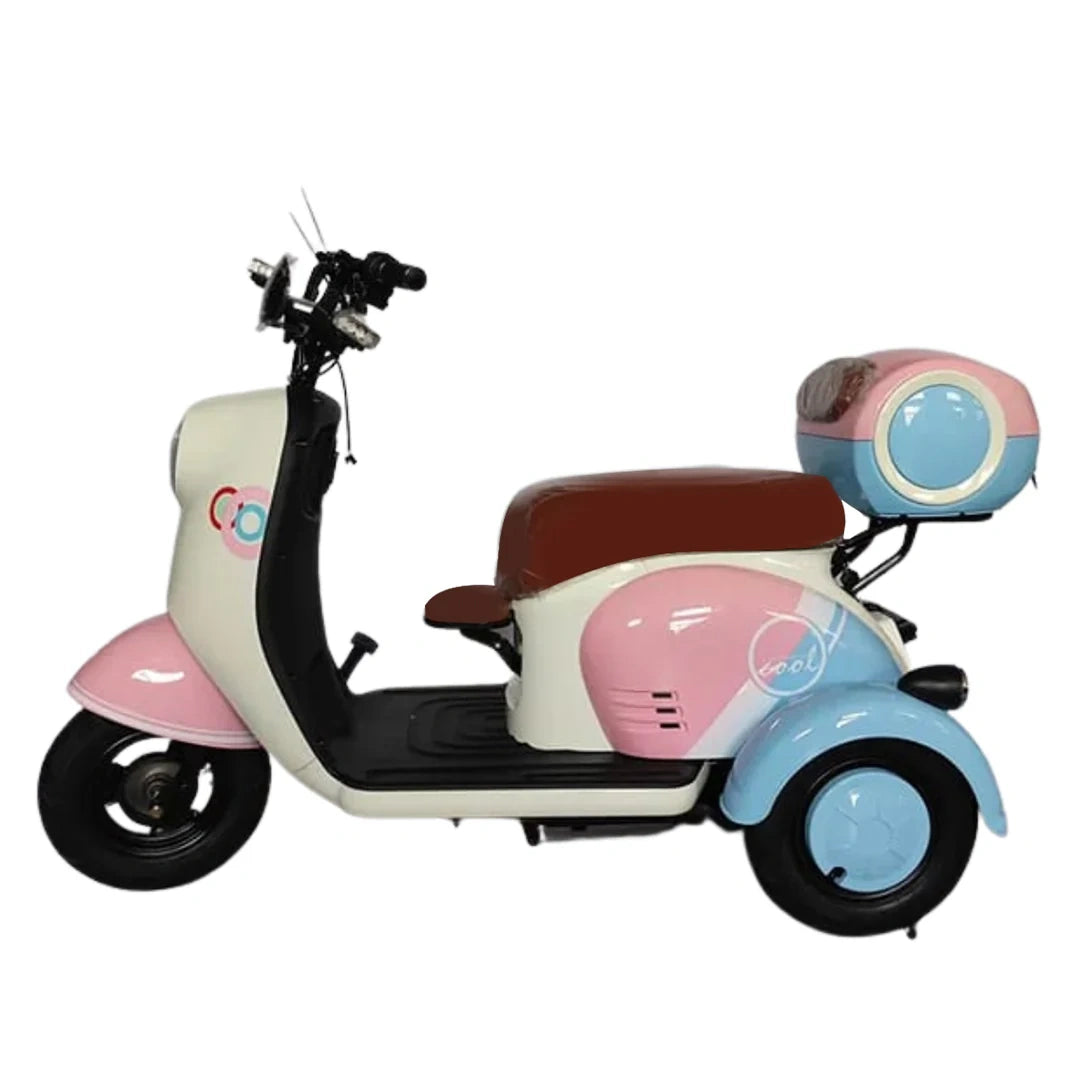 Colorful scooter with pink and blue design on a white background