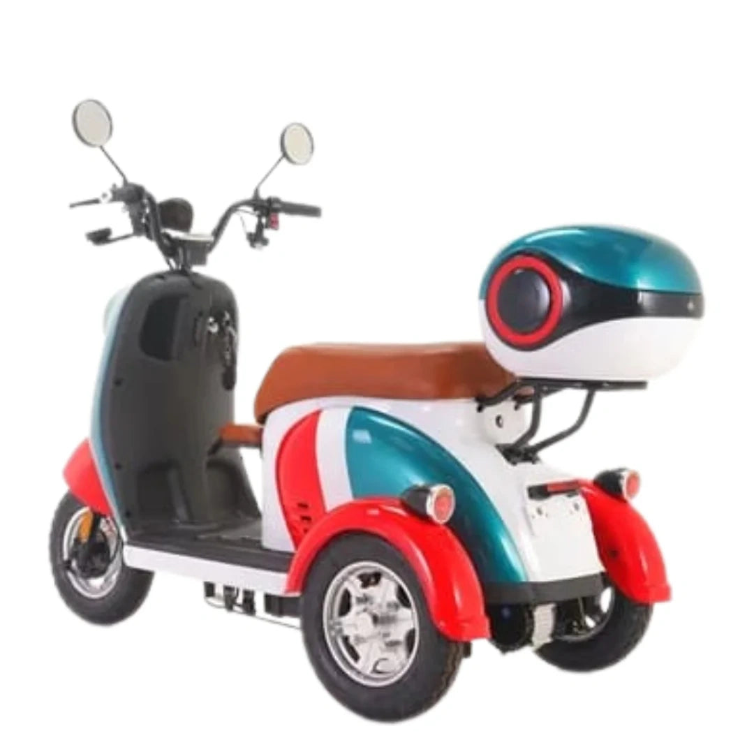 Colorful three-wheeled scooter on a white background