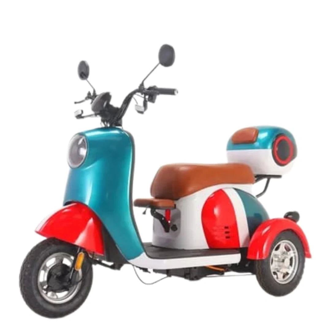 Colorful three-wheeled scooter on a white background