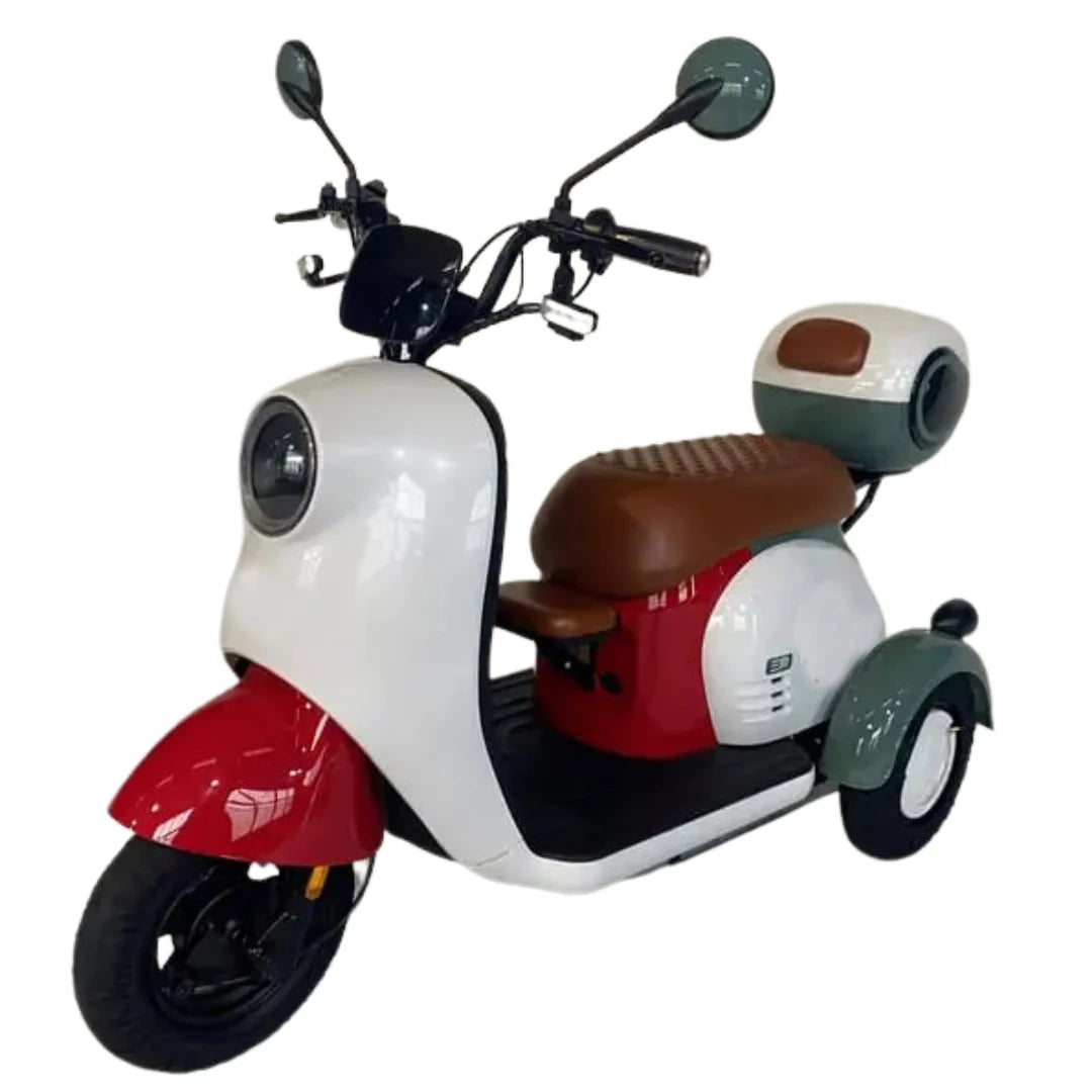 Three-wheeled scooter with a white body, red front fender, and brown seat on a white background