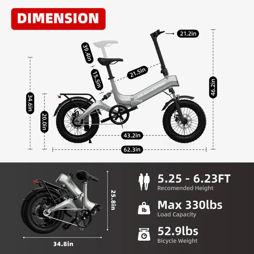 Dimensions of a folding bike with labeled measurements on a white background