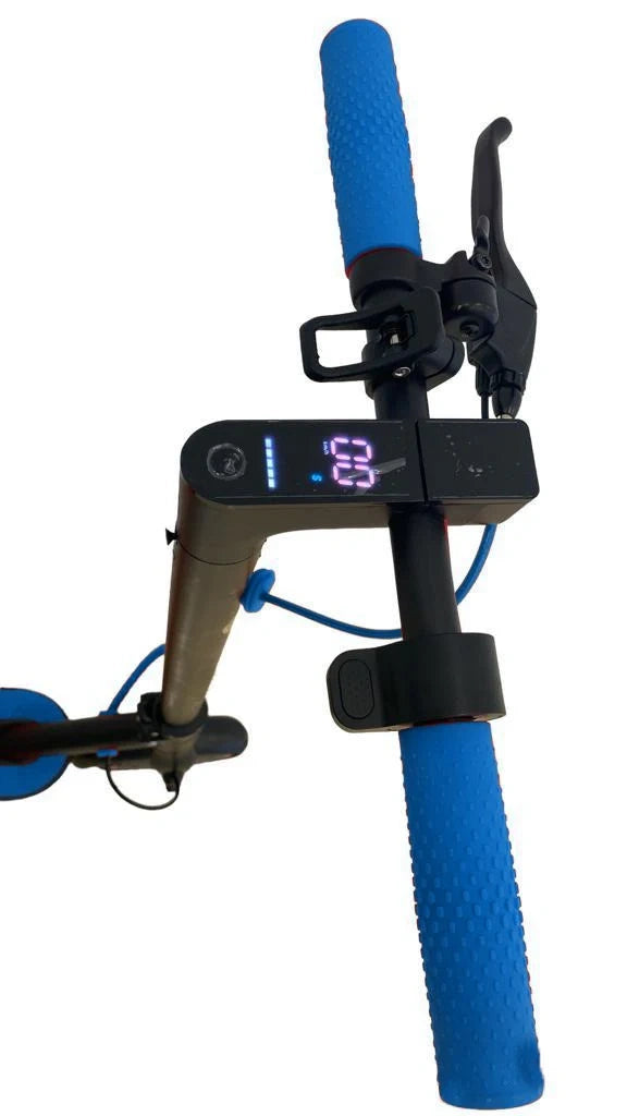 Close-up of a scooter handlebar with blue grips and digital display on a white background