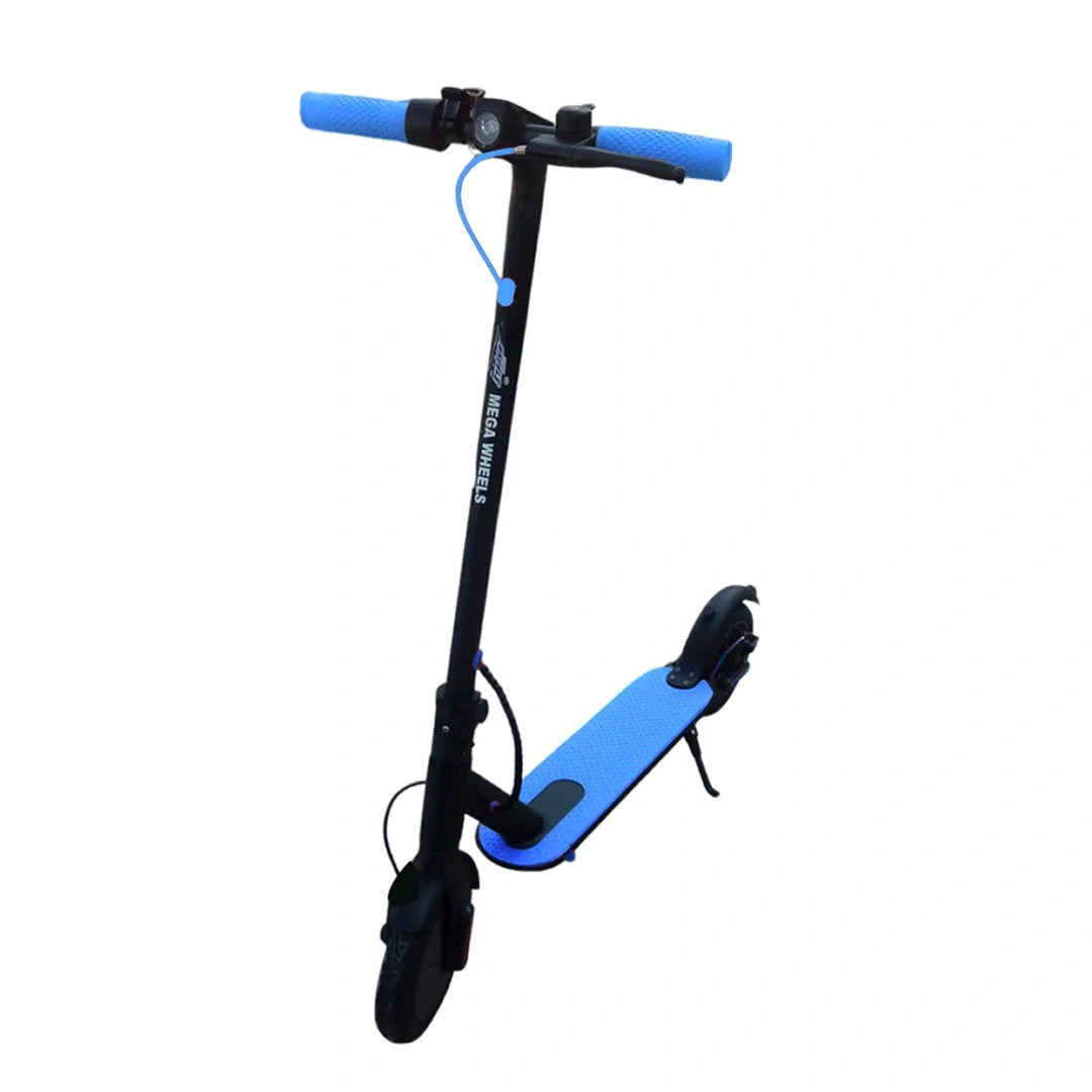Black and blue scooter on a white background