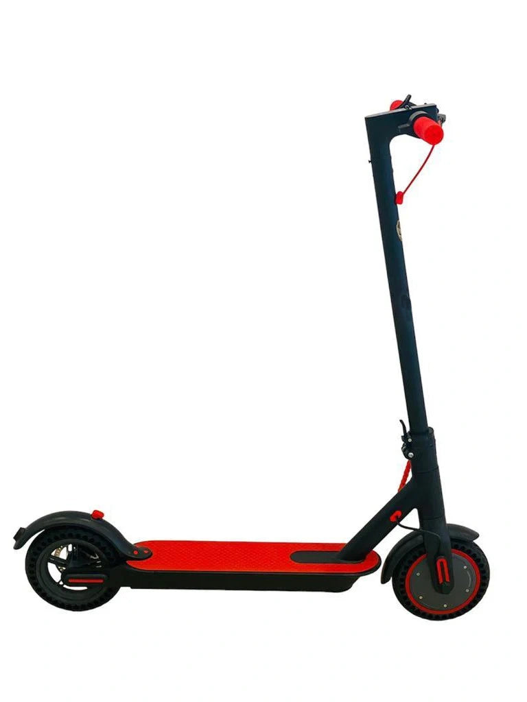 Red and black electric scooter on a white background