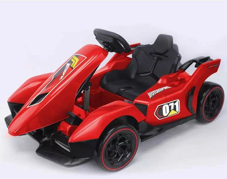Red toy car with black seats on a white background