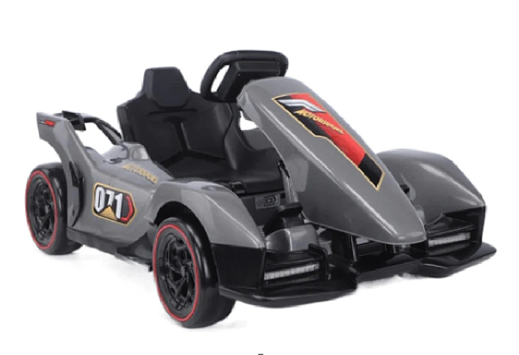 Gray toy race car with black interior on a white background