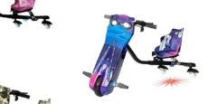 Colorful toy scooter with a helmet on a white background