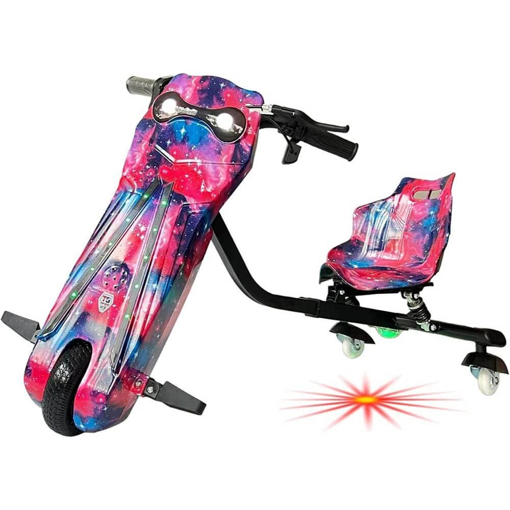 Colorful children's scooter with a small seat on a white background