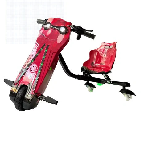 Red children's scooter with a seat on a white background