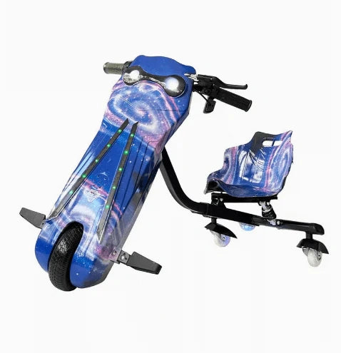 Children's scooter with a blue and purple design on a white background