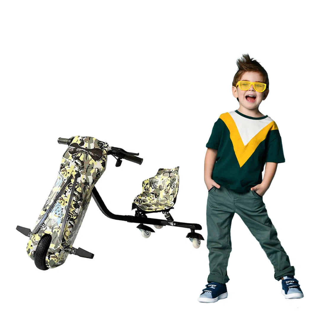 Child with a colorful scooter on a white background