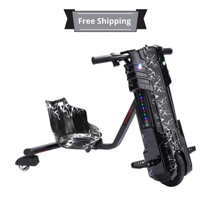 Black electric scooter with colorful lights on a white background, featuring free shipping text.
