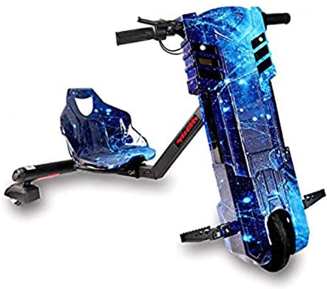 Blue and black scooter with glowing design on a white background