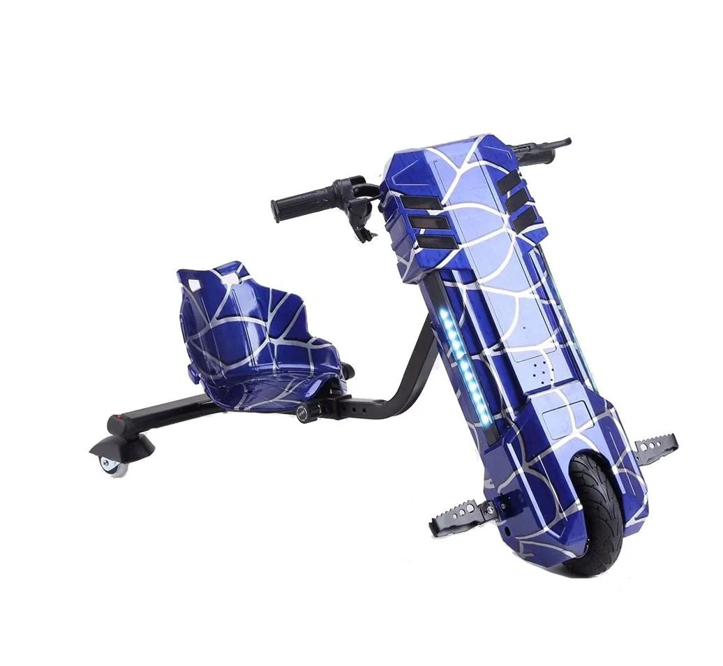 Blue children's scooter with a geometric pattern on a white background