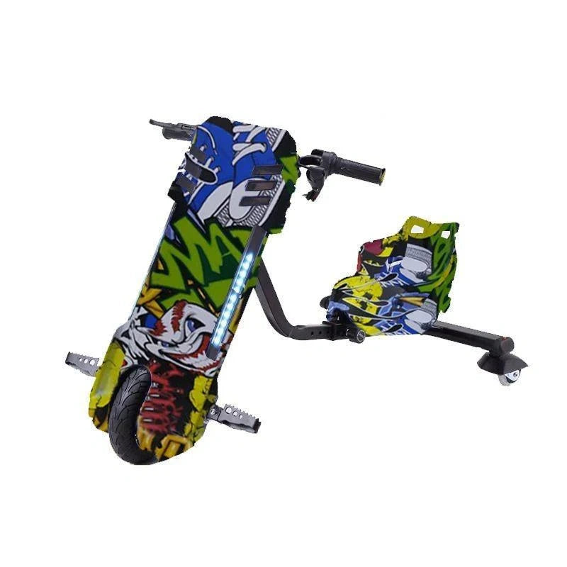Colorful electric scooter with graffiti design on a white background