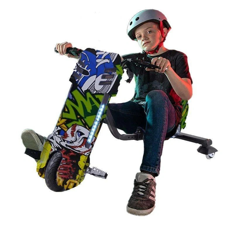 Child sitting on a colorful scooter with graffiti design, wearing a helmet.