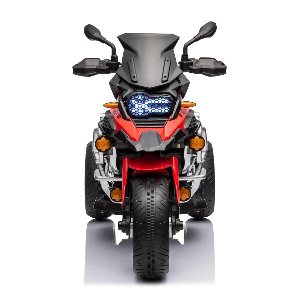 Children's toy motorcycle with black and red design on a white background