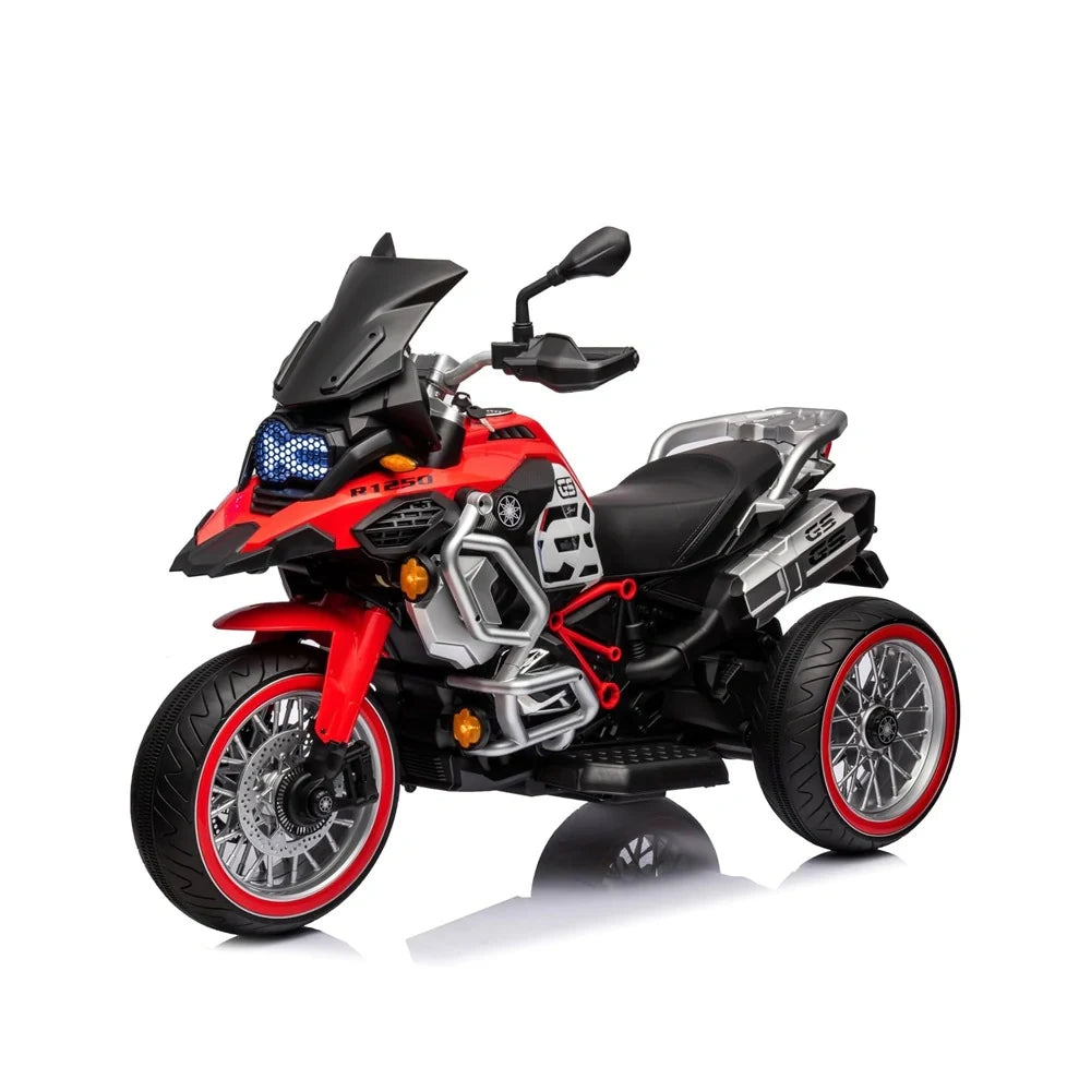 Red and black toy motorcycle on a white background