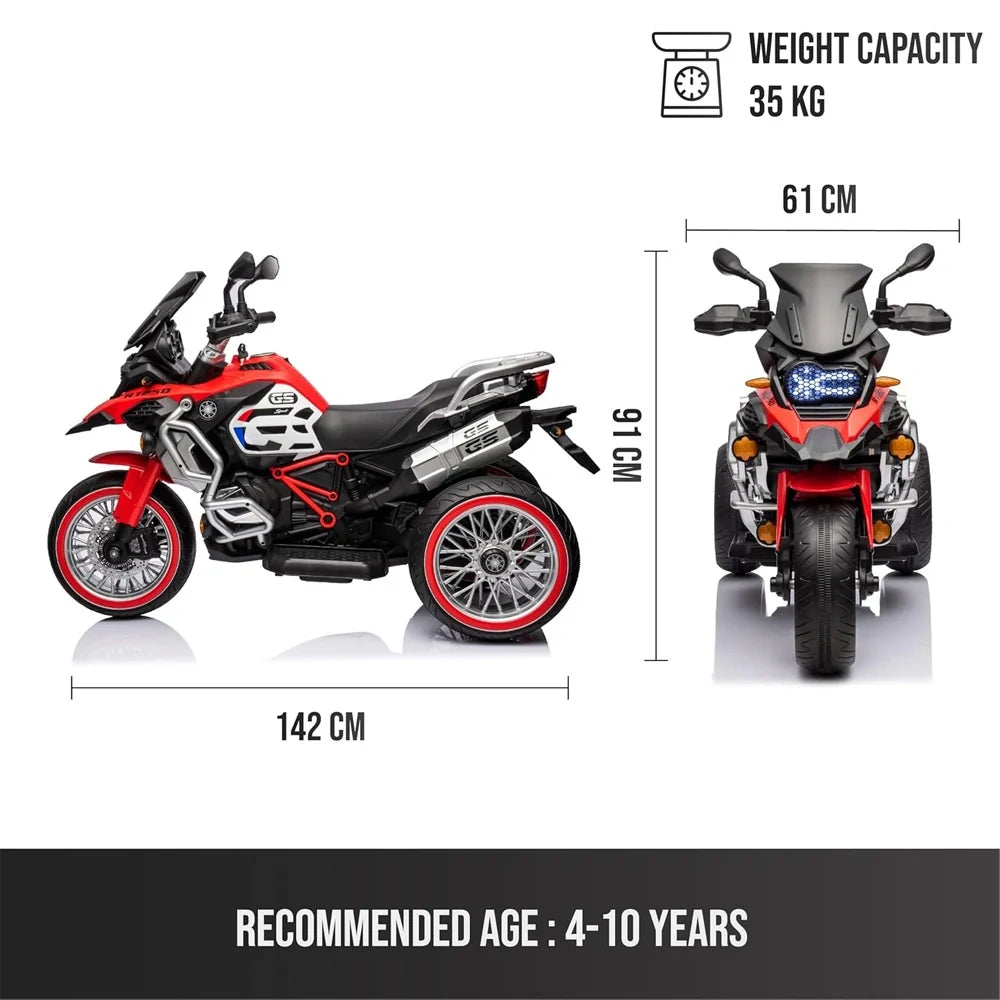 Red and black toy motorcycle with measurements and weight capacity details on a white background
