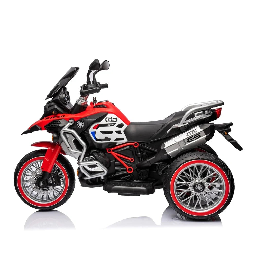 Toy motorcycle with red and black design on a white background