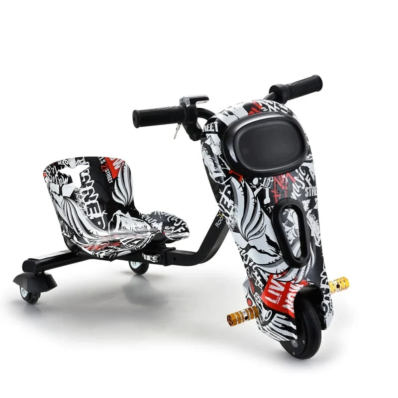 Children's scooter with sidecar featuring a black and white design on a white background