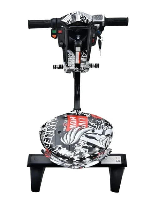 Black and white scooter with red accents on a white background