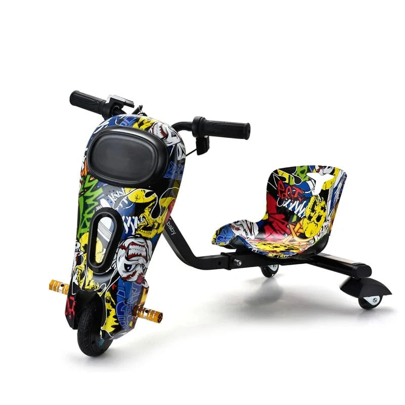 Colorful children's scooter with graffiti design on a white background