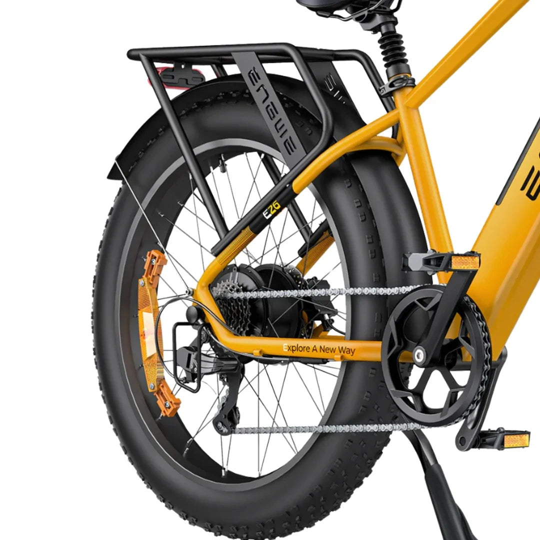 Yellow electric bike with black components on a white background