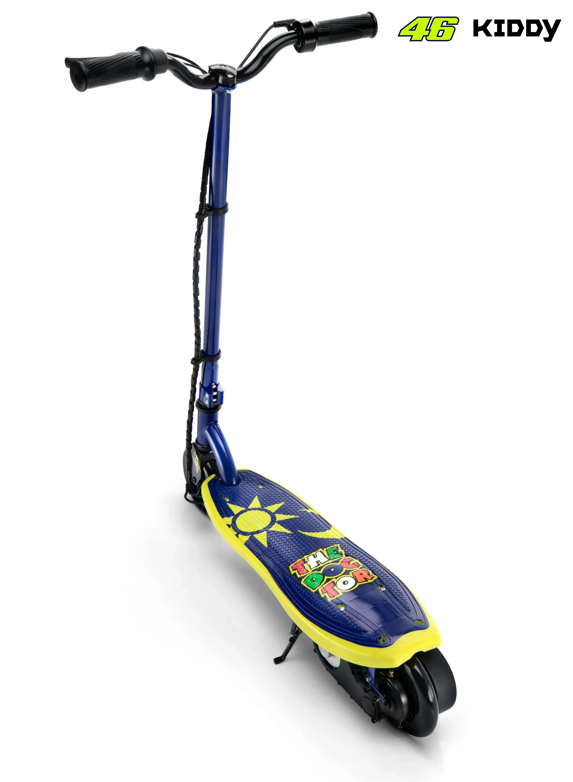 Blue children's scooter with colorful design on a white background