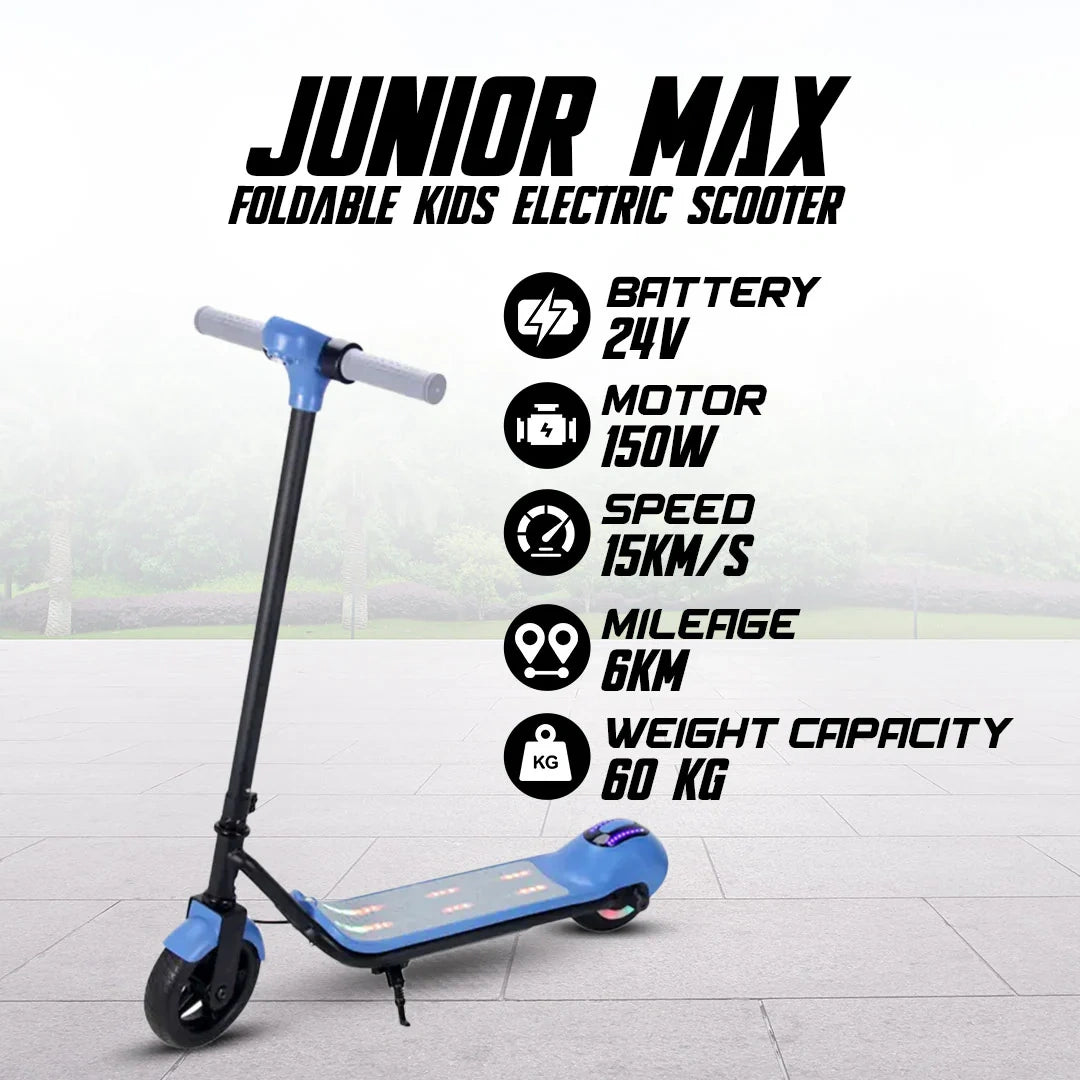 Foldable kids electric scooter with specifications on a white background