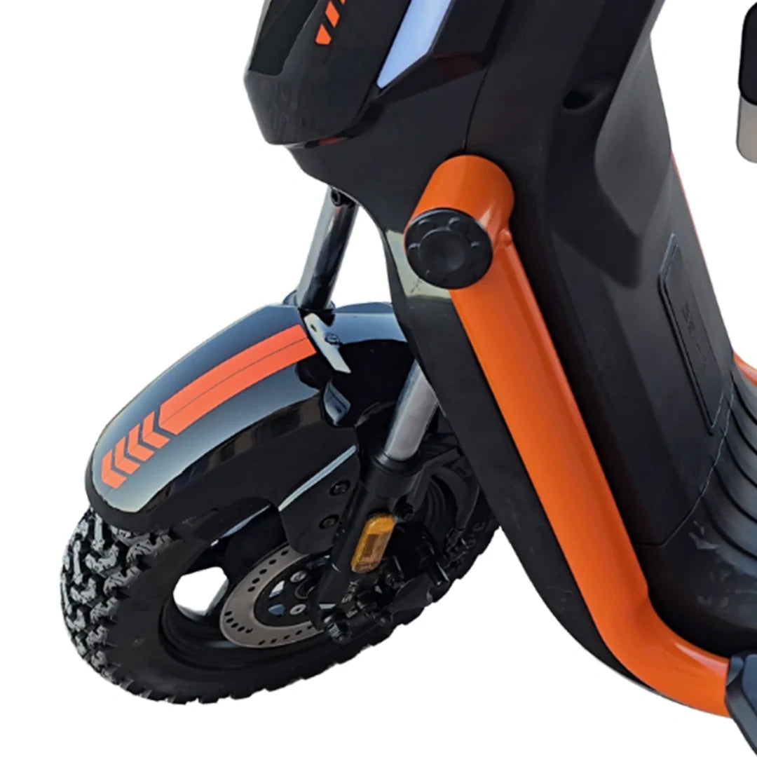 Close-up of an electric scooter with orange and black design on a white background